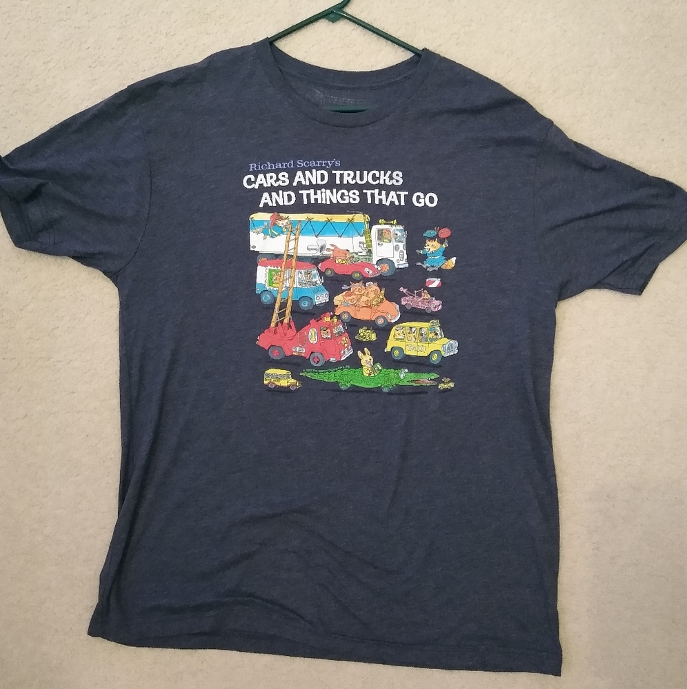Richard Scarry's Cars and Trucks Unisex XL t-shirt. Blue cotton/poly blend.